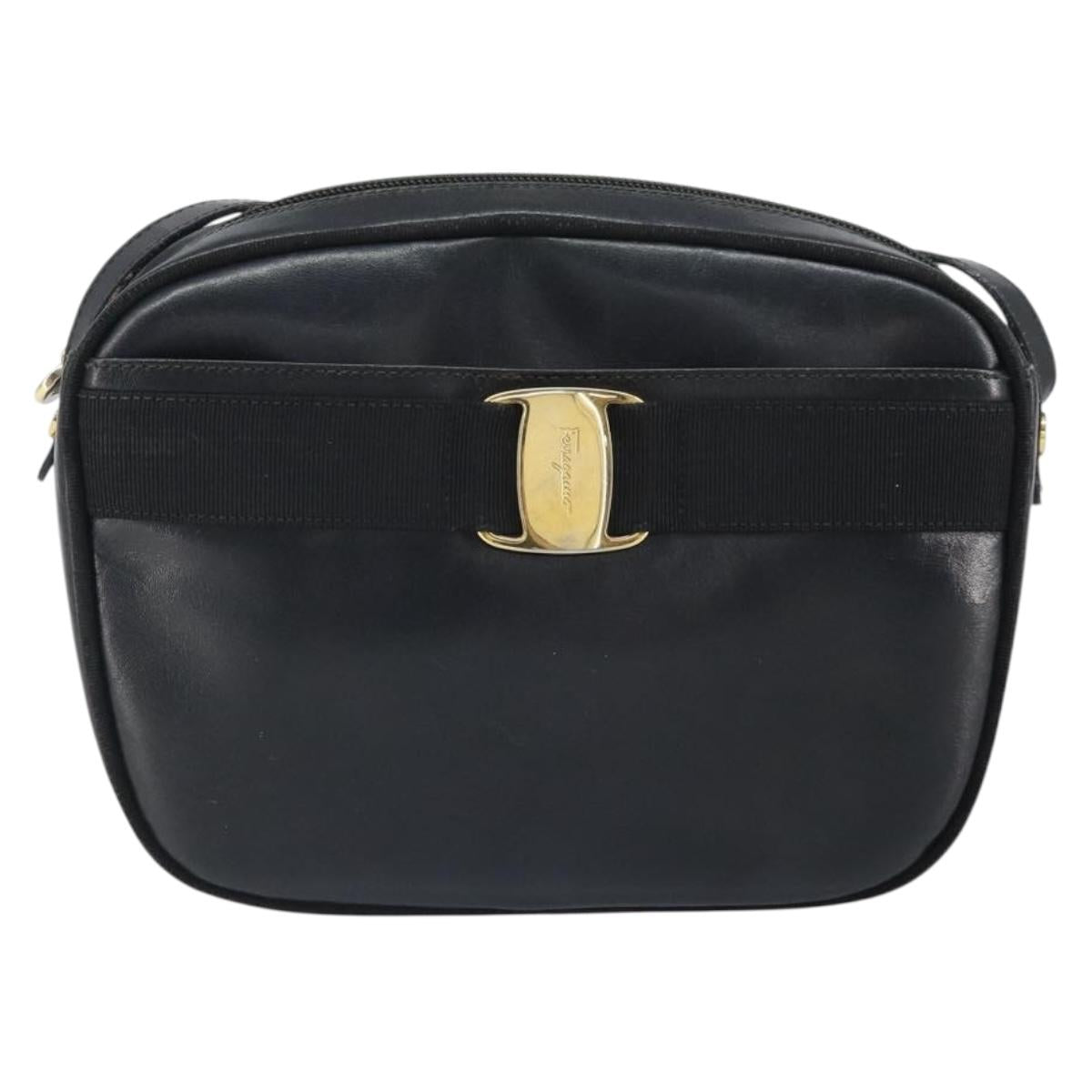 Salvatore Ferragamo Shoulder Bag Leather Black Gold Auth BA9913
