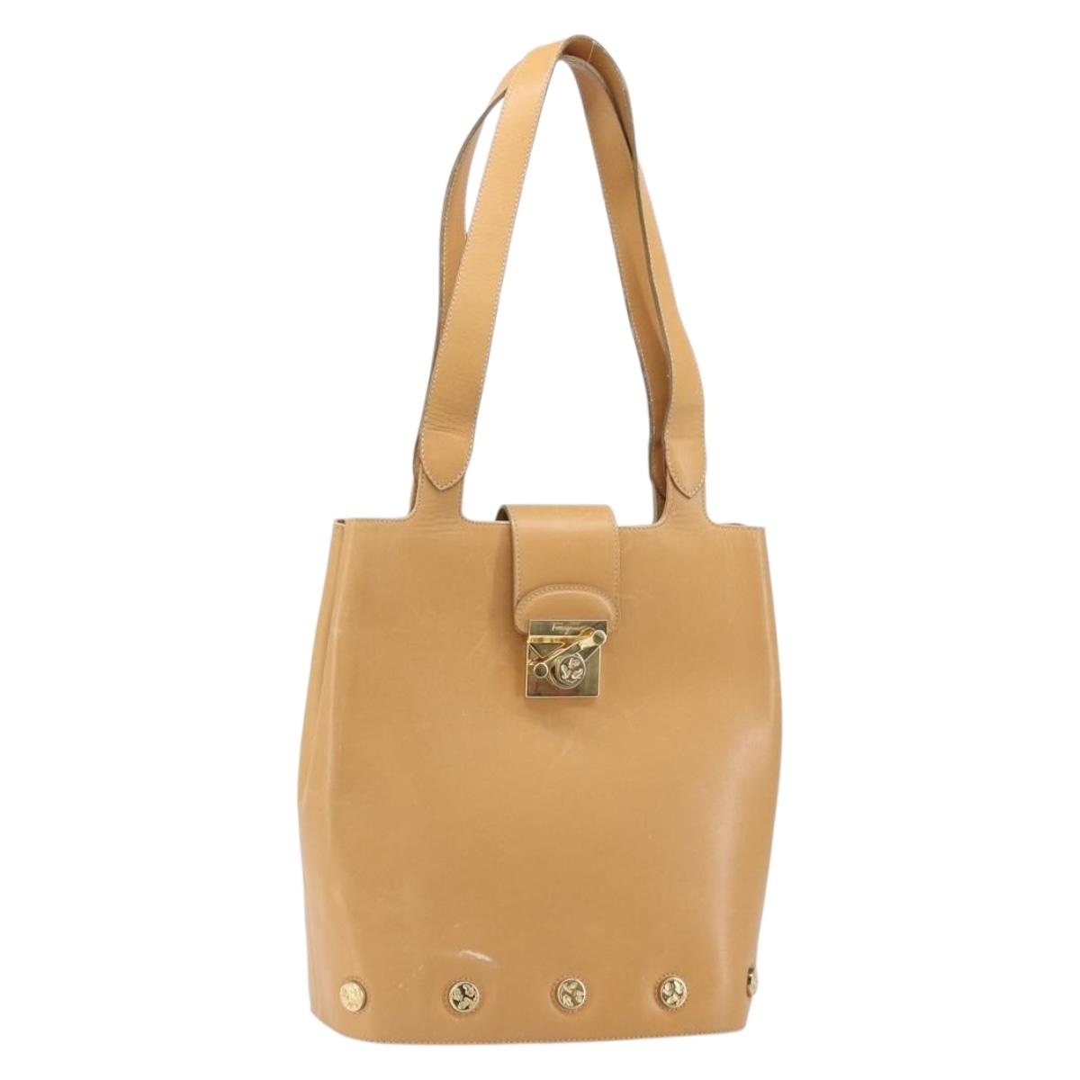 Salvatore Ferragamo Hand Bag Leather Beige Gold Auth BA9917