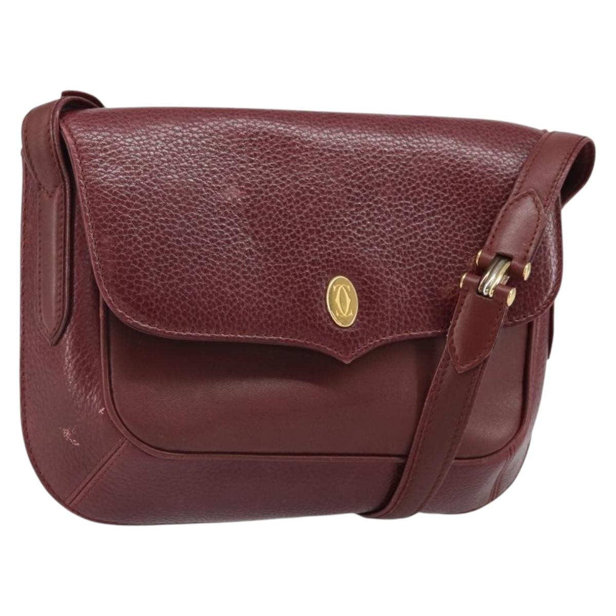 CARTIER Must Line Shoulder Bag Leather Bordeaux Gold Auth BA9920