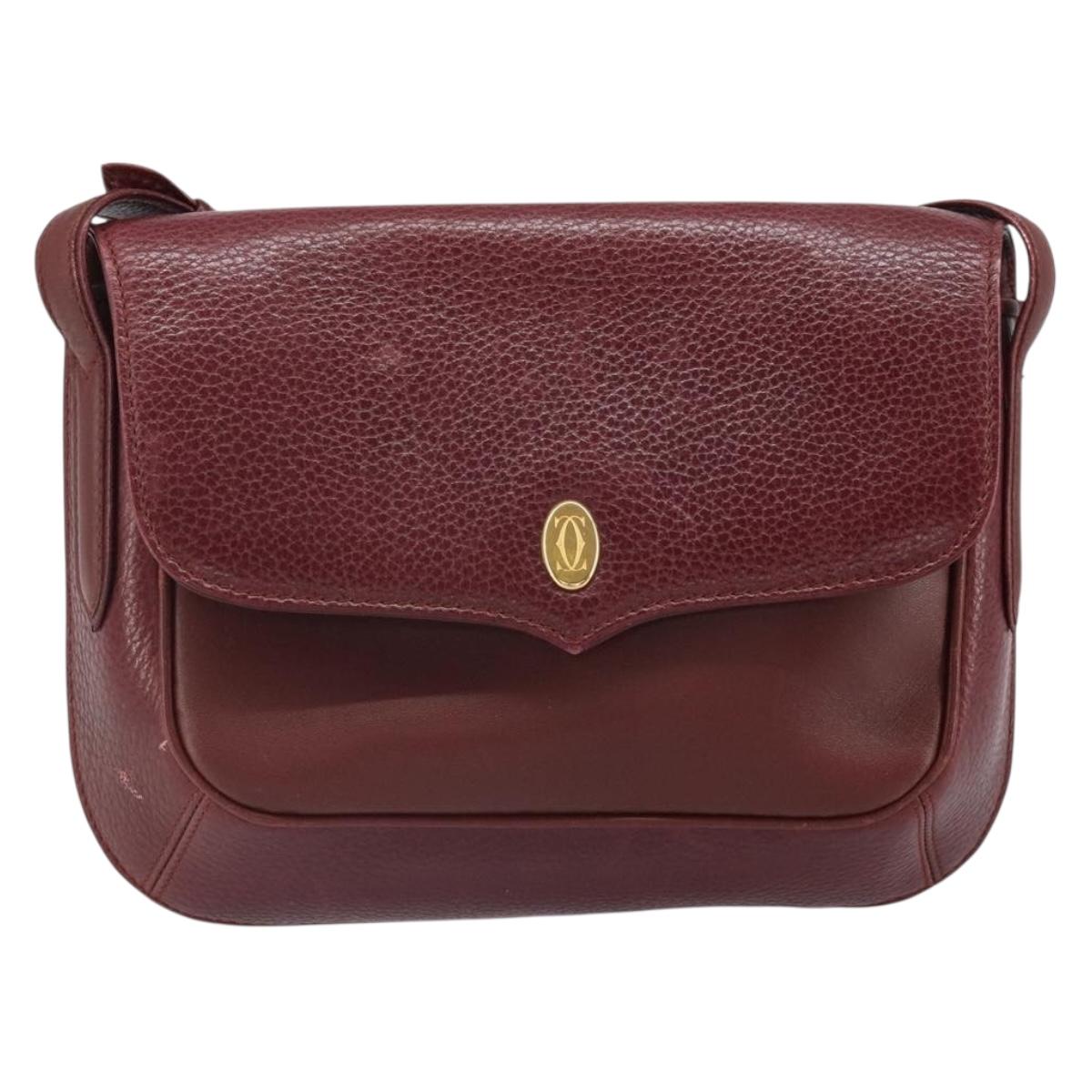 CARTIER Must Line Shoulder Bag Leather Bordeaux Gold Auth BA9920