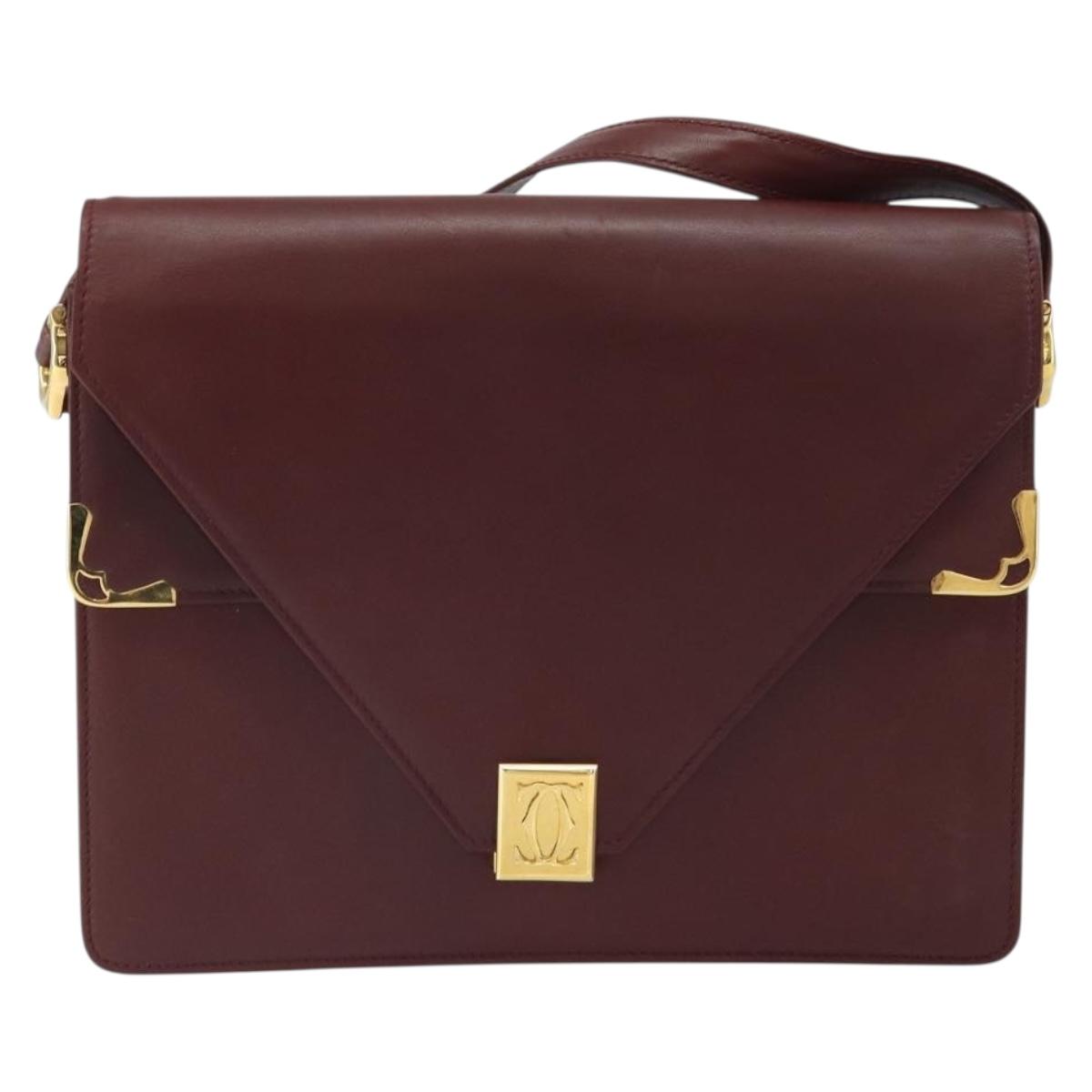 CARTIER Must Line Shoulder Bag Leather Bordeaux Gold Auth BA9921