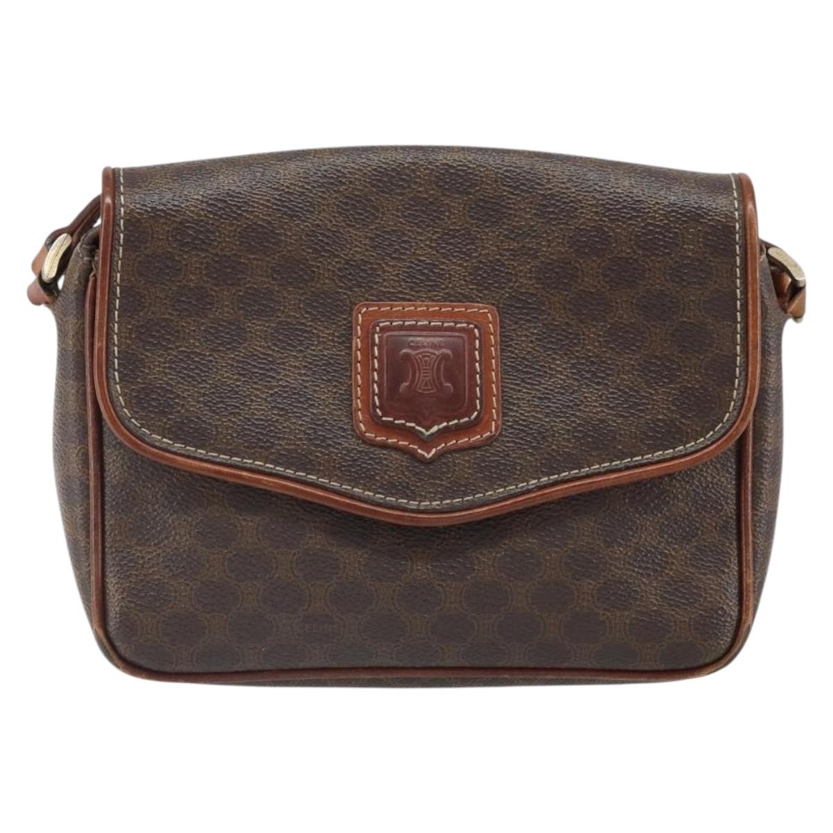 CELINE Macadam Canvas Shoulder Bag PVC Leather Brown Gold Auth BA9922
