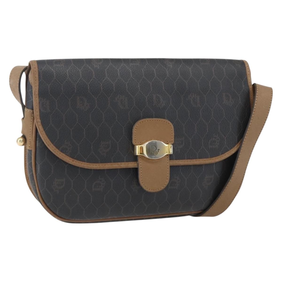 Christian Dior Honeycomb Canvas Shoulder Bag PVC Brown Gold Auth BA9924
