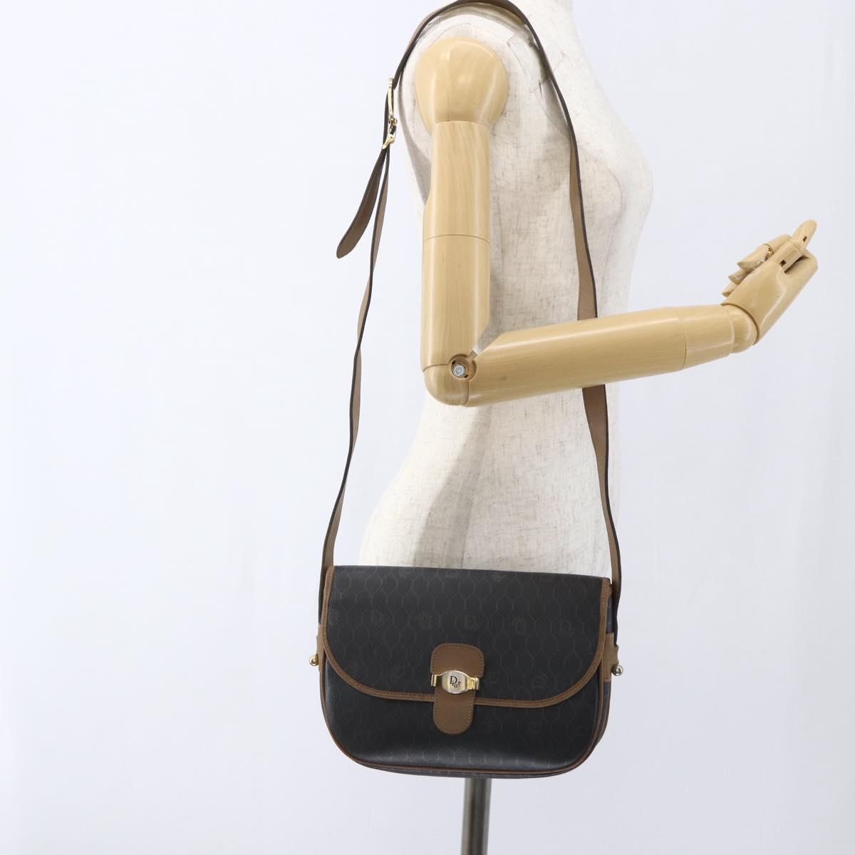 Christian Dior Honeycomb Canvas Shoulder Bag PVC Brown Gold Auth BA9924