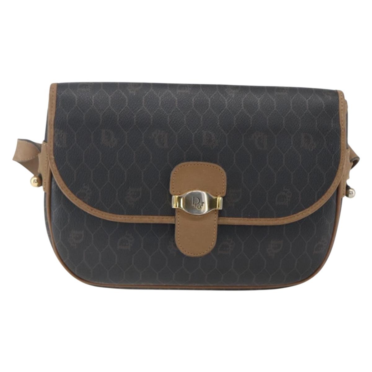 Christian Dior Honeycomb Canvas Shoulder Bag PVC Brown Gold Auth BA9924