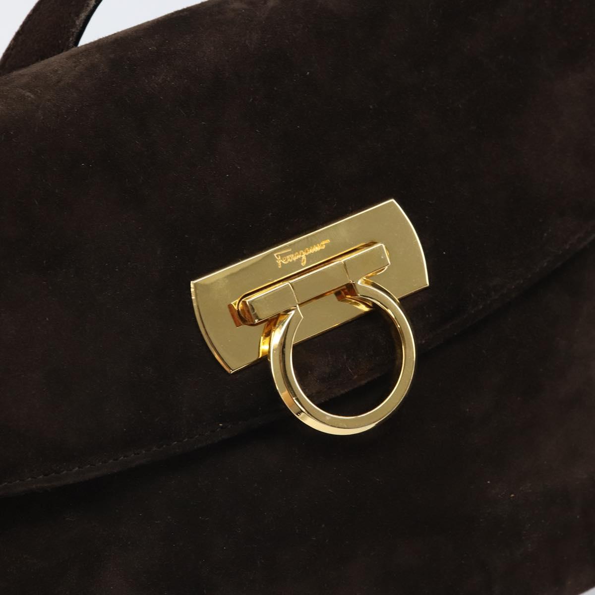 Salvatore Ferragamo Gancini Shoulder Bag Suede Brown Gold Auth BA9944