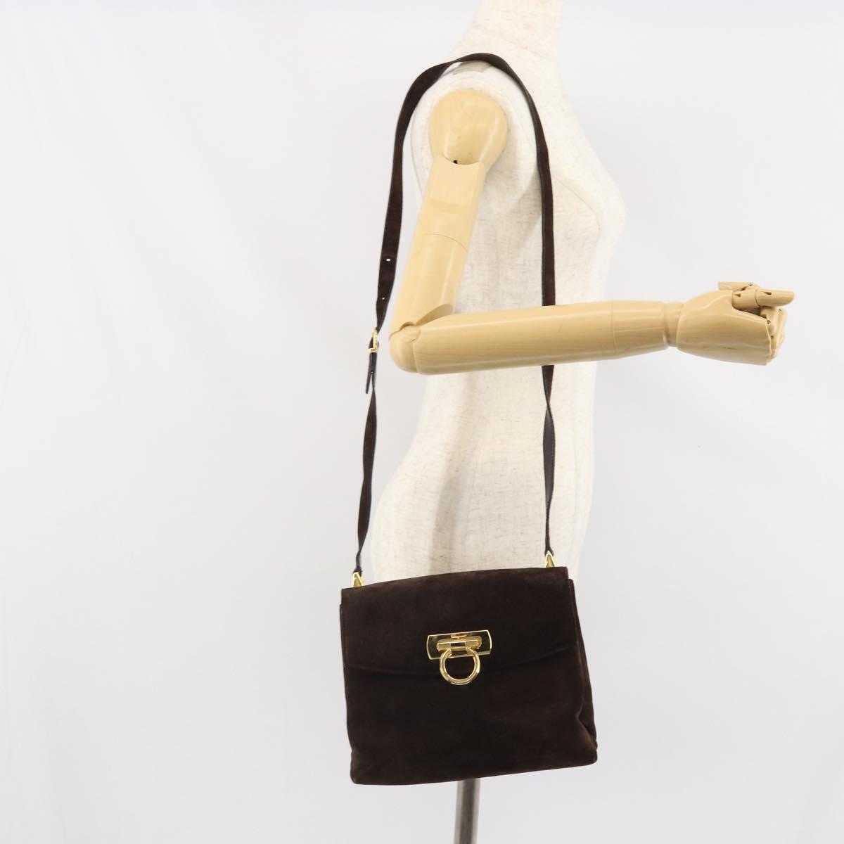 Salvatore Ferragamo Gancini Shoulder Bag Suede Brown Gold Auth BA9944