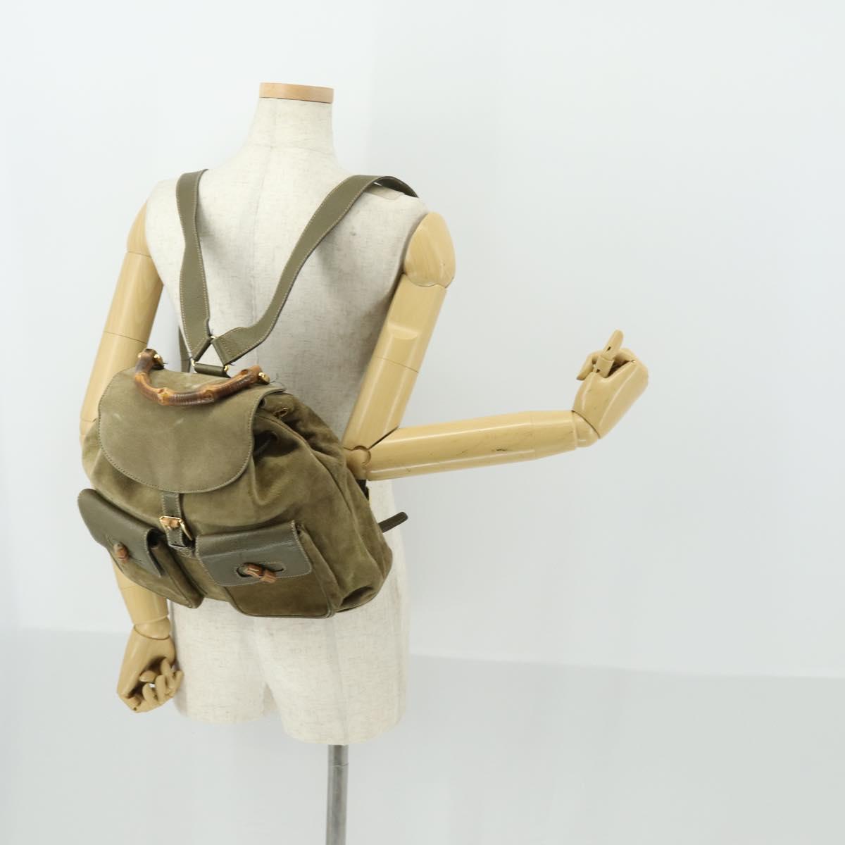 GUCCI Bamboo Backpack Suede Khaki Gold 003 58 0016 Auth BA9952