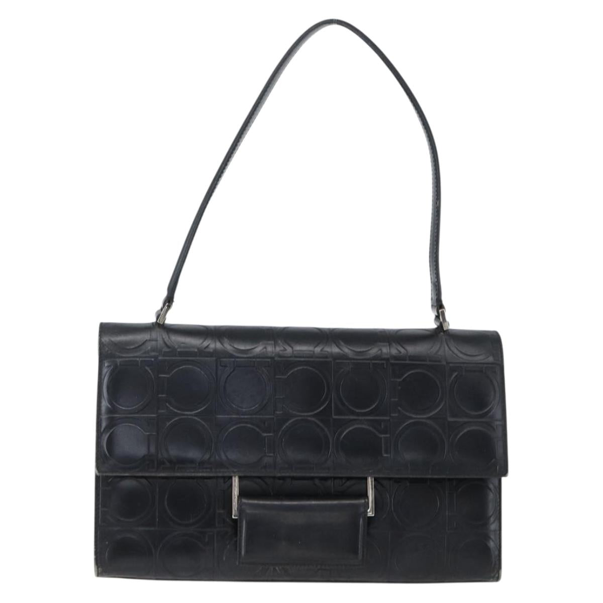 Salvatore Ferragamo Gancini Hand Bag Leather Black Silver Auth BA9953