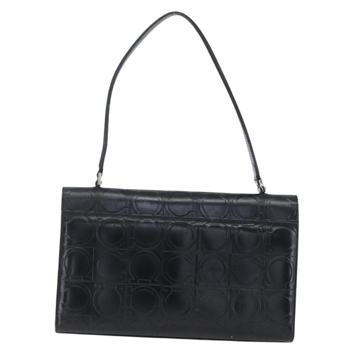 Salvatore Ferragamo Gancini Hand Bag Leather Black Silver Auth BA9953