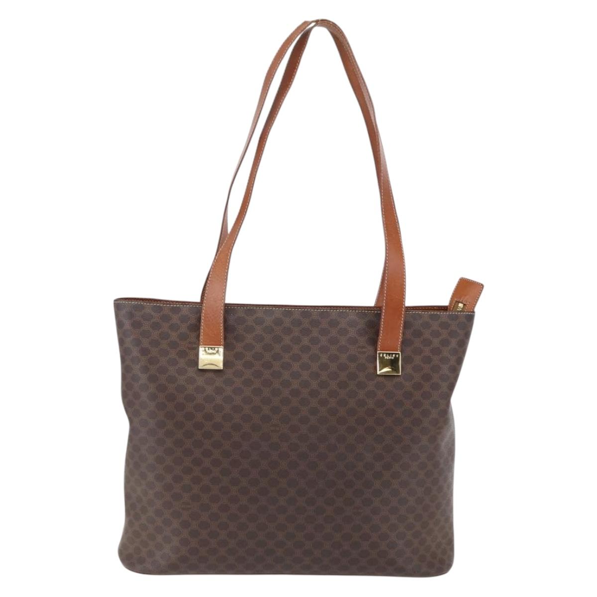 CELINE Macadam Canvas Tote Bag PVC Leather Brown Gold Auth BA9962