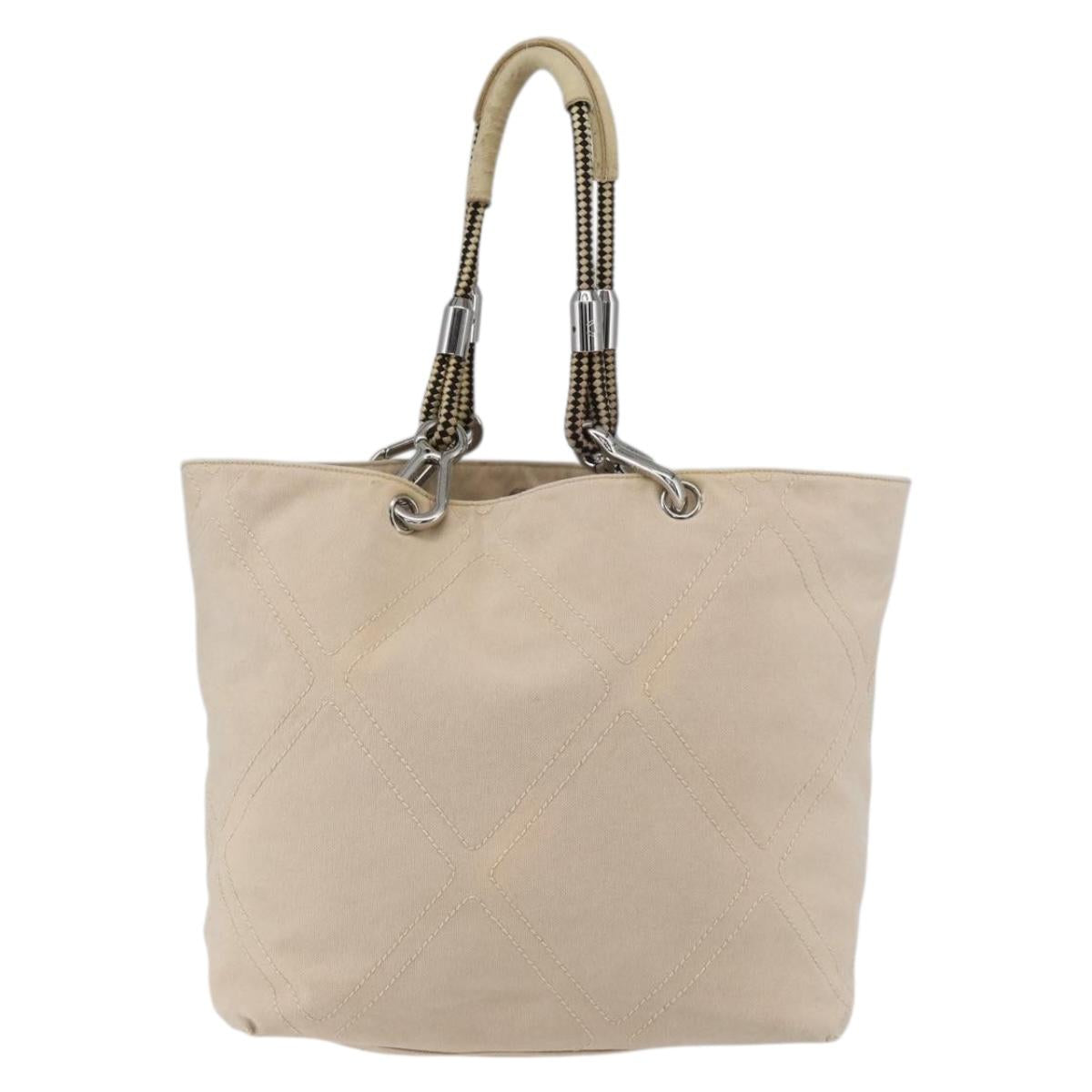 CHANEL Tote Bag Canvas Beige Silver CC Auth BA9964
