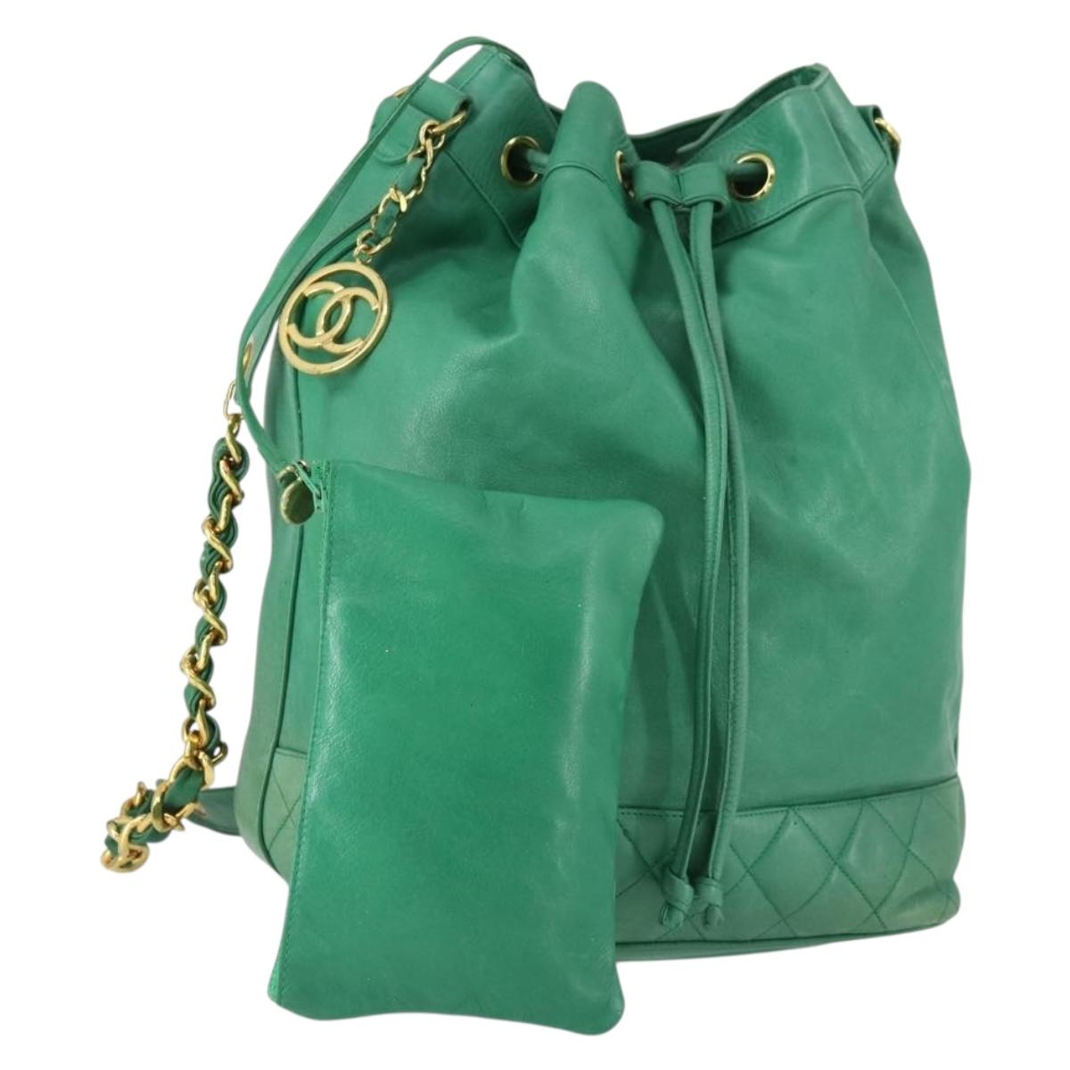 CHANEL Chain Shoulder Bag Lamb Skin Green Gold CC Auth BA9966