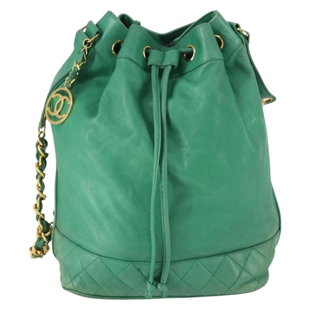 CHANEL Chain Shoulder Bag Lamb Skin Green Gold CC Auth BA9966