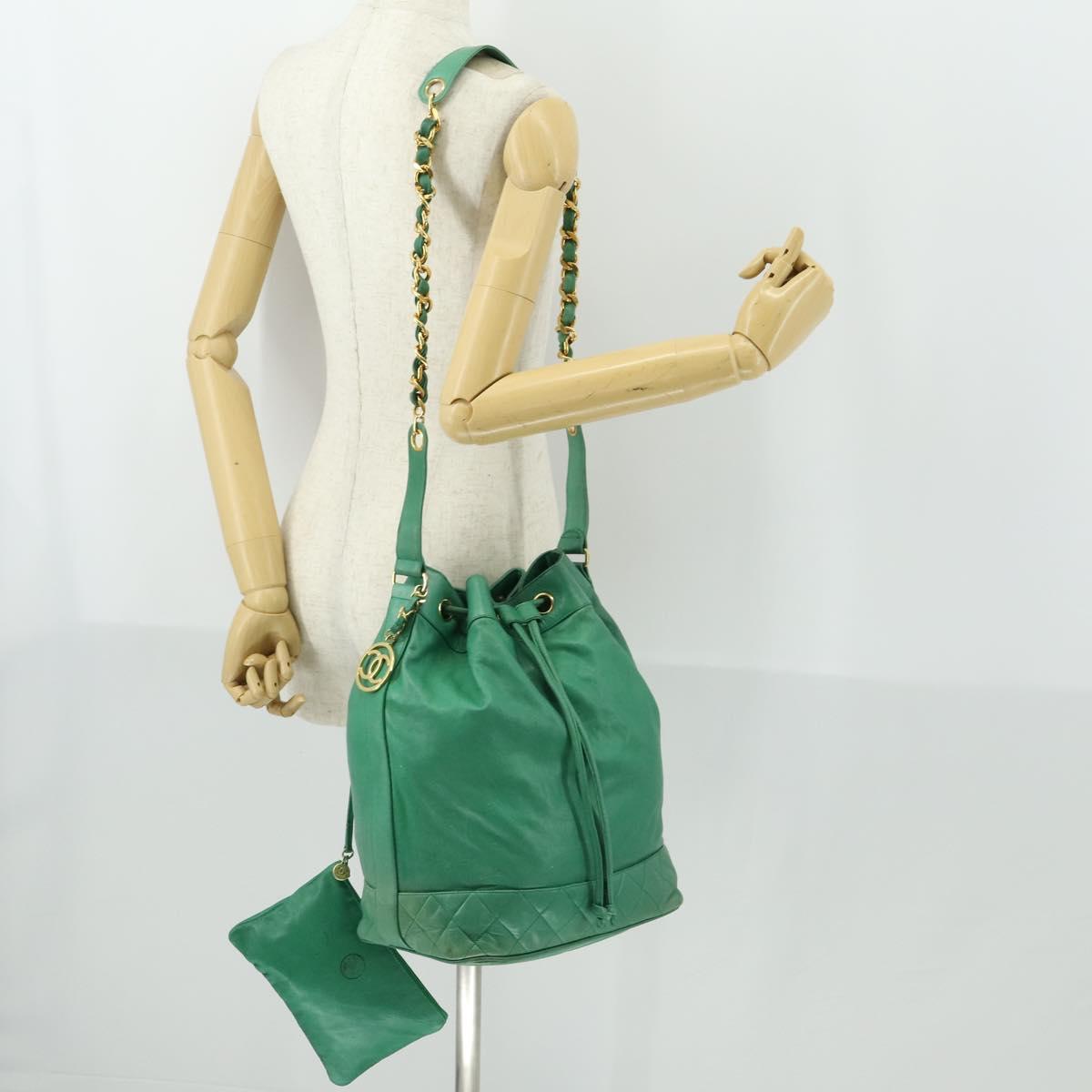 CHANEL Chain Shoulder Bag Lamb Skin Green Gold CC Auth BA9966