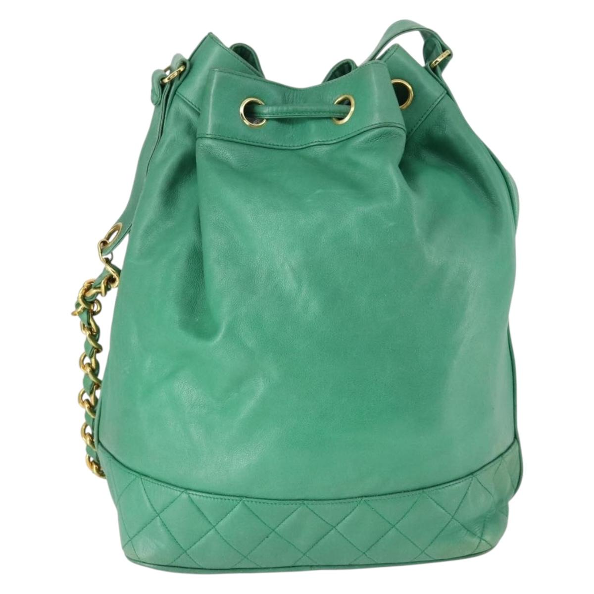 CHANEL Chain Shoulder Bag Lamb Skin Green Gold CC Auth BA9966