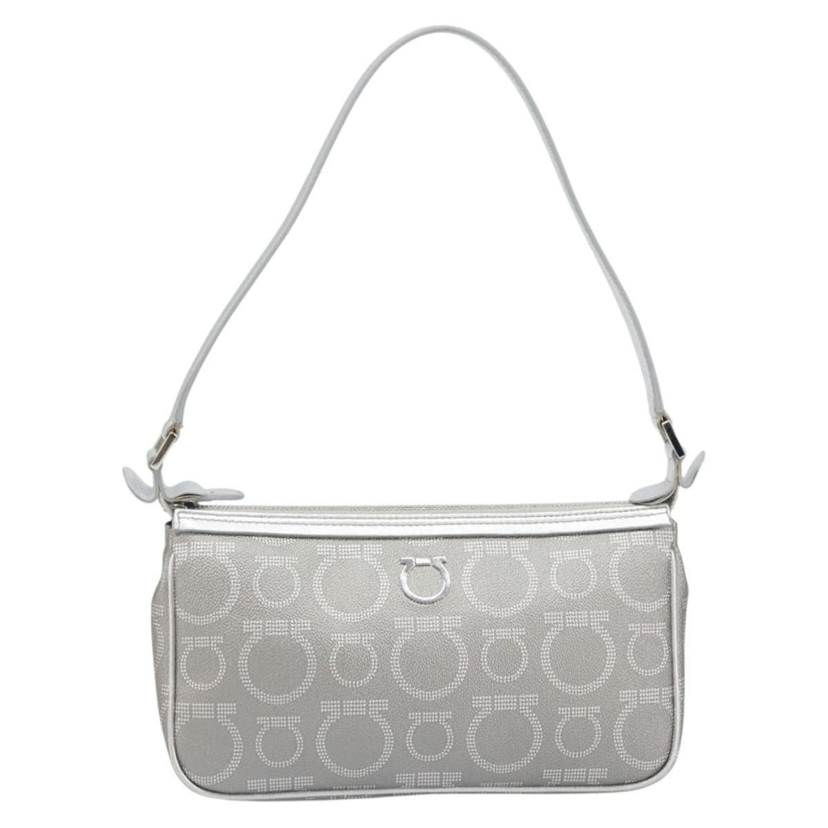 Salvatore Ferragamo Hand Pouch Leather PVC Silver Auth BA9978V