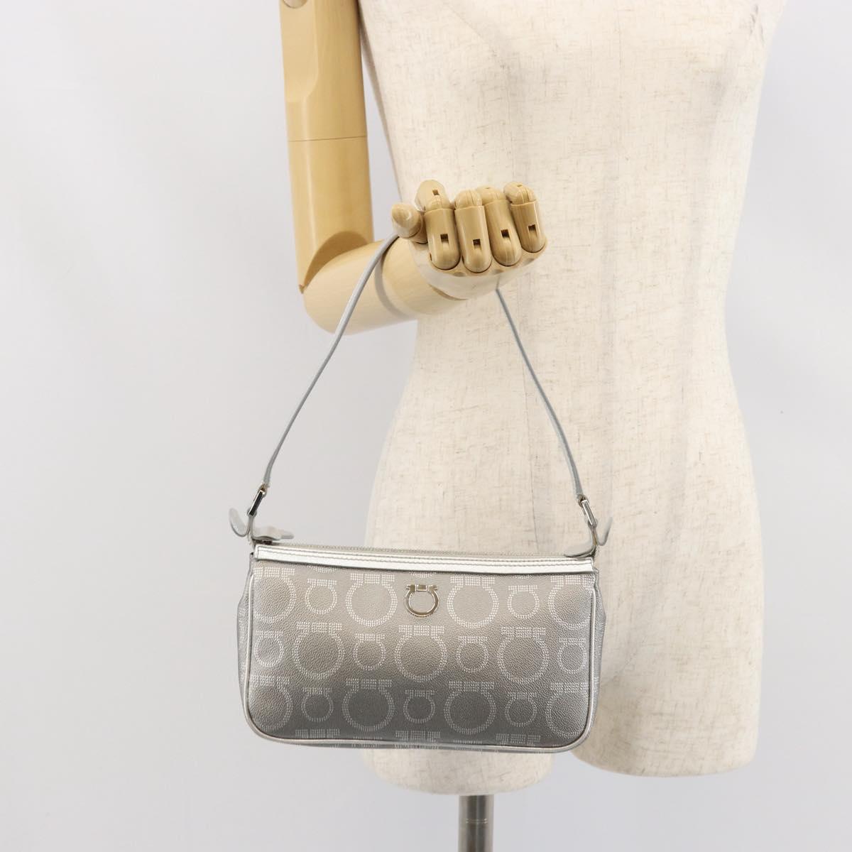 Salvatore Ferragamo Hand Pouch Leather PVC Silver Auth BA9978V