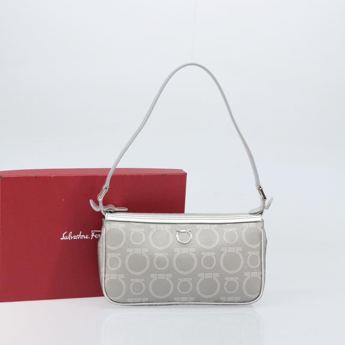 Salvatore Ferragamo Hand Pouch Leather PVC Silver Auth BA9978V