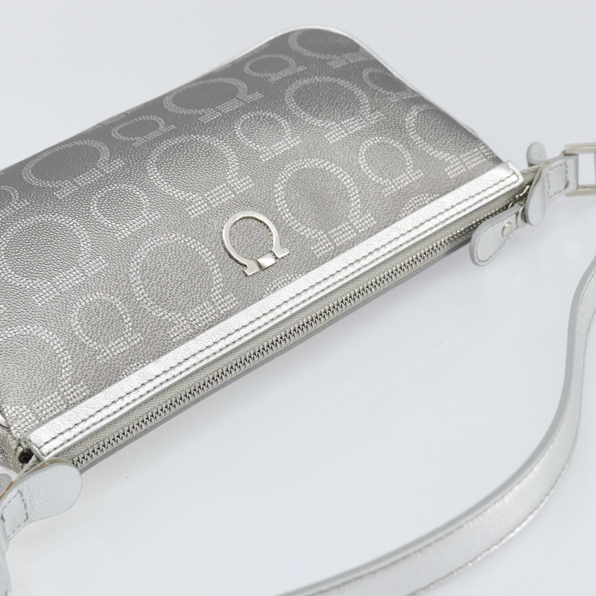 Salvatore Ferragamo Hand Pouch Leather PVC Silver Auth BA9978V