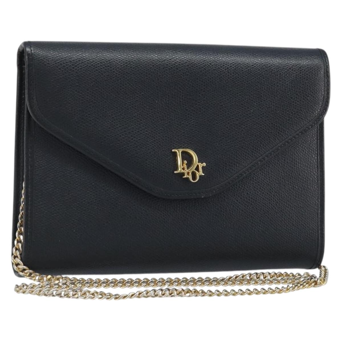 Christian Dior Chain Shoulder Bag Leather Gold Black Auth BAZ035A