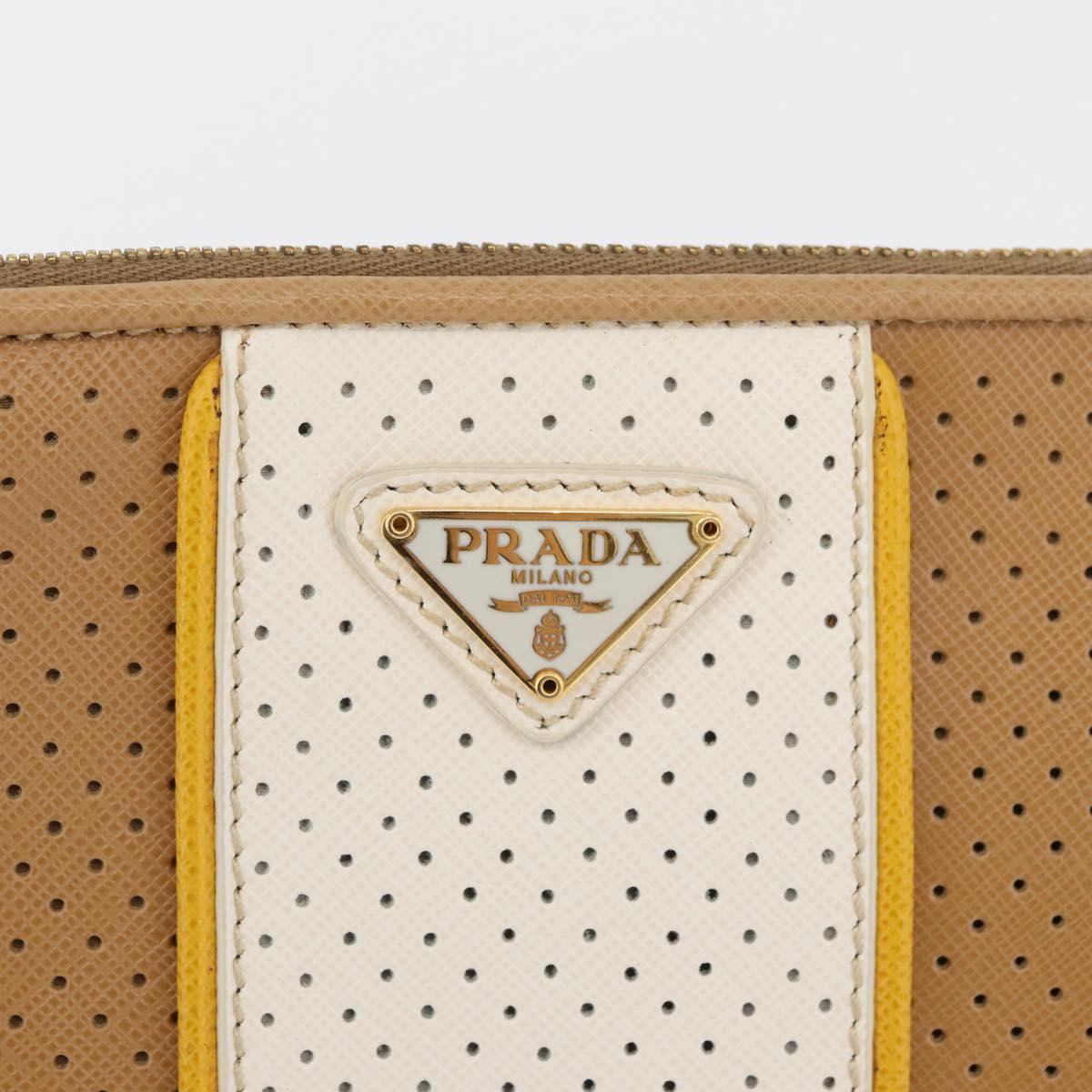 PRADA Punching Pouch Leather Beige Gold Auth BAZ062A