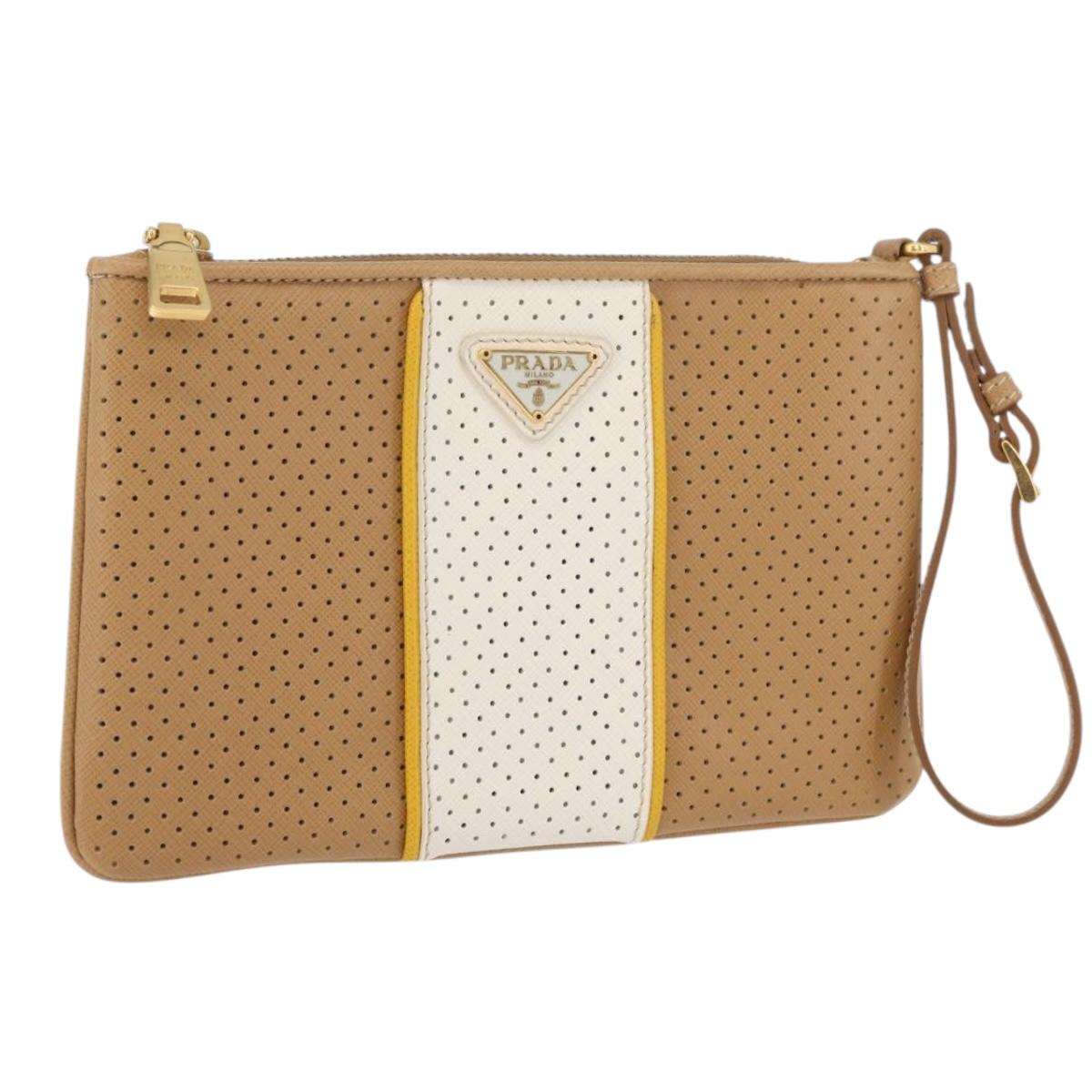 PRADA Punching Pouch Leather Beige Gold Auth BAZ062A
