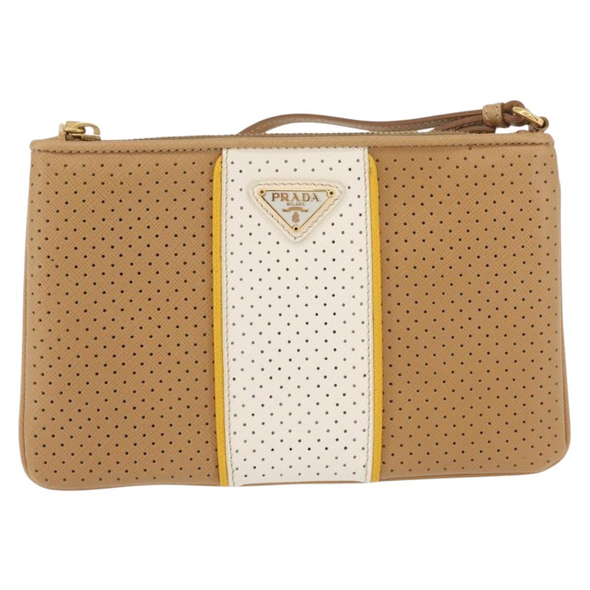 PRADA Punching Pouch Leather Beige Gold Auth BAZ062A