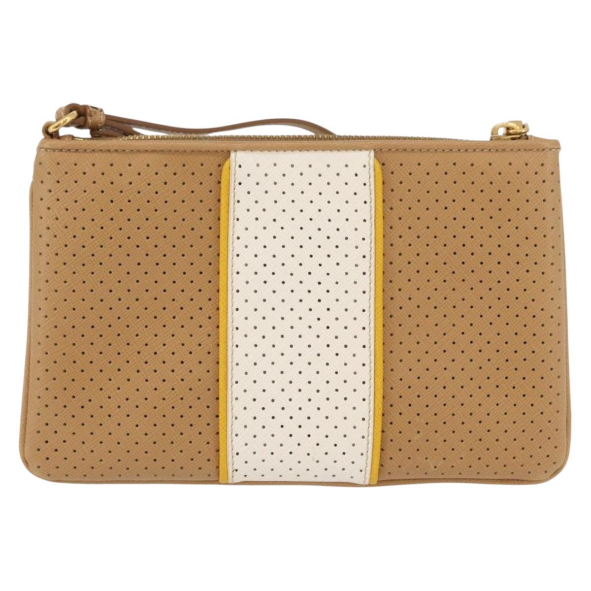 PRADA Punching Pouch Leather Beige Gold Auth BAZ062A