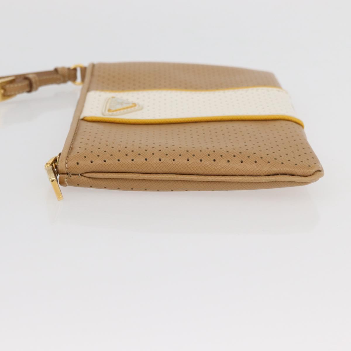 PRADA Punching Pouch Leather Beige Gold Auth BAZ062A