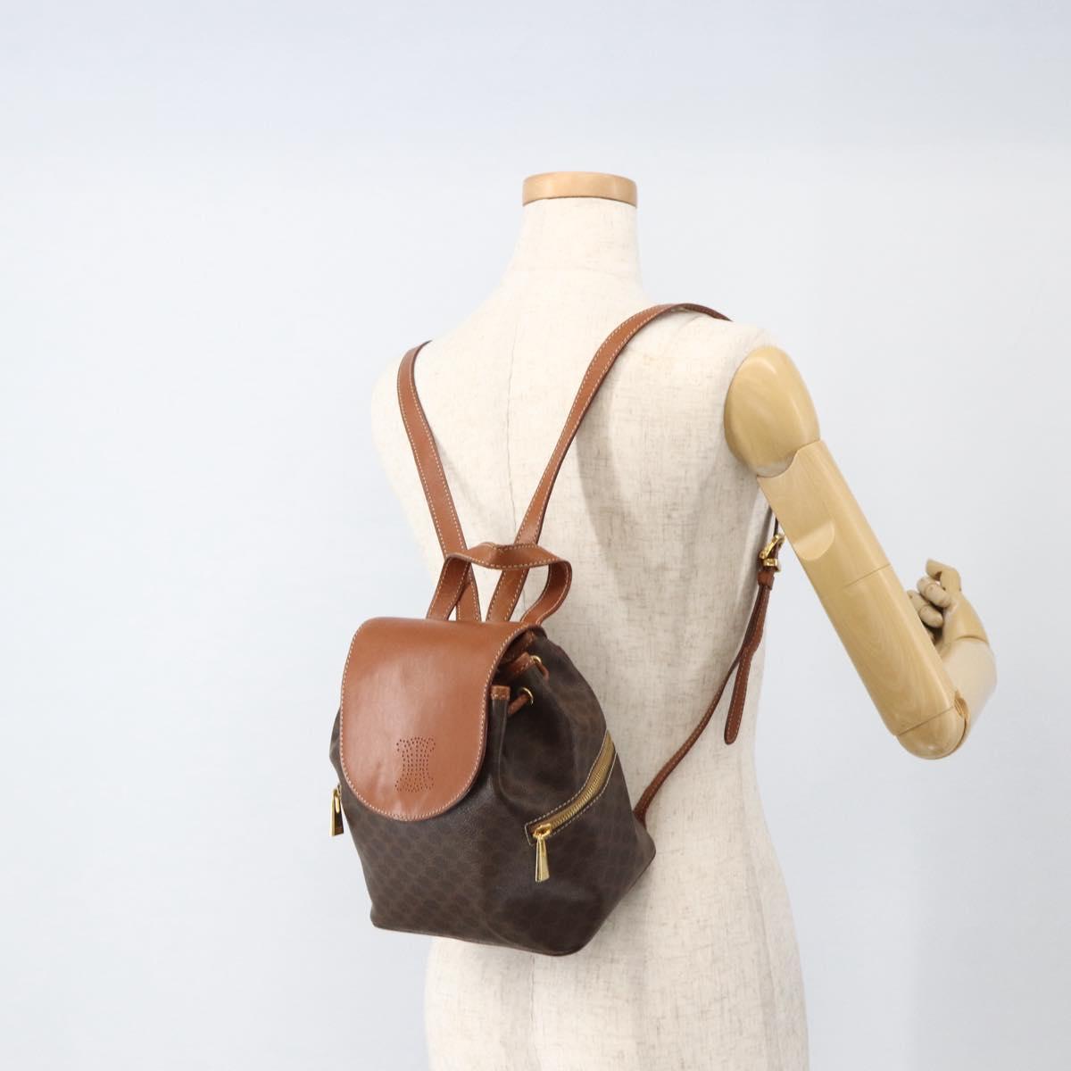 CELINE Macadam Canvas Backpack PVC Leather Brown Gold Auth BAZ067A
