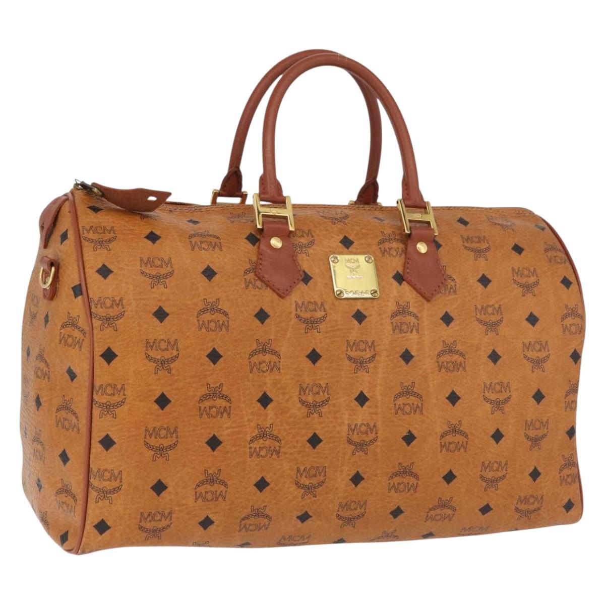 MCM Vicetos Logogram Boston Bag PVC Leather Brown Gold Auth BAZ070A