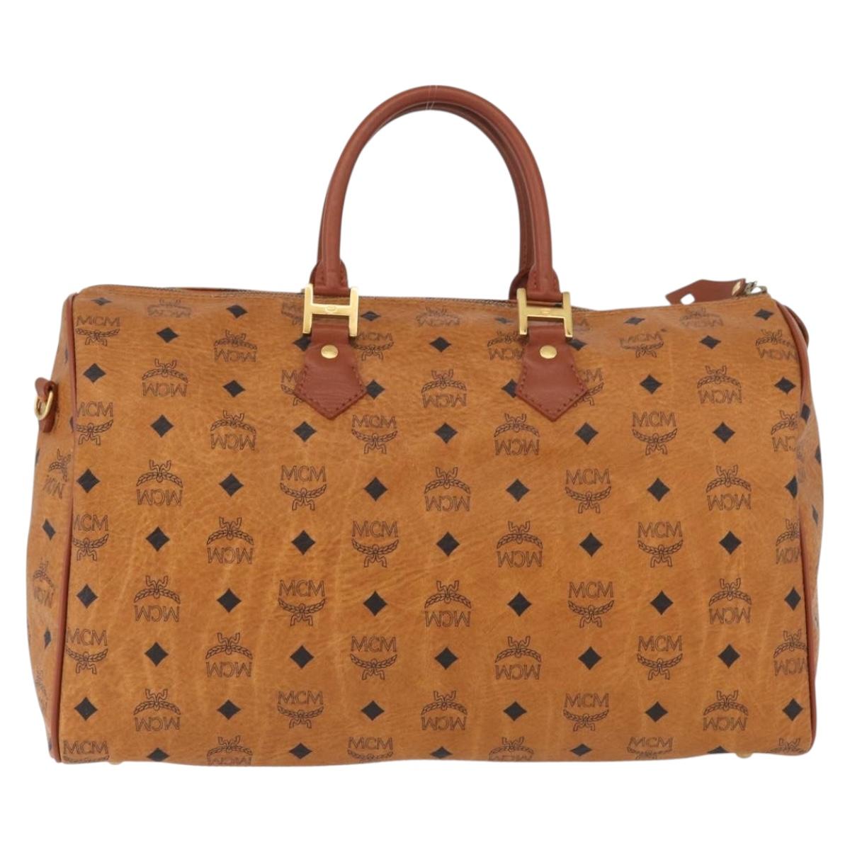 MCM Vicetos Logogram Boston Bag PVC Leather Brown Gold Auth BAZ070A