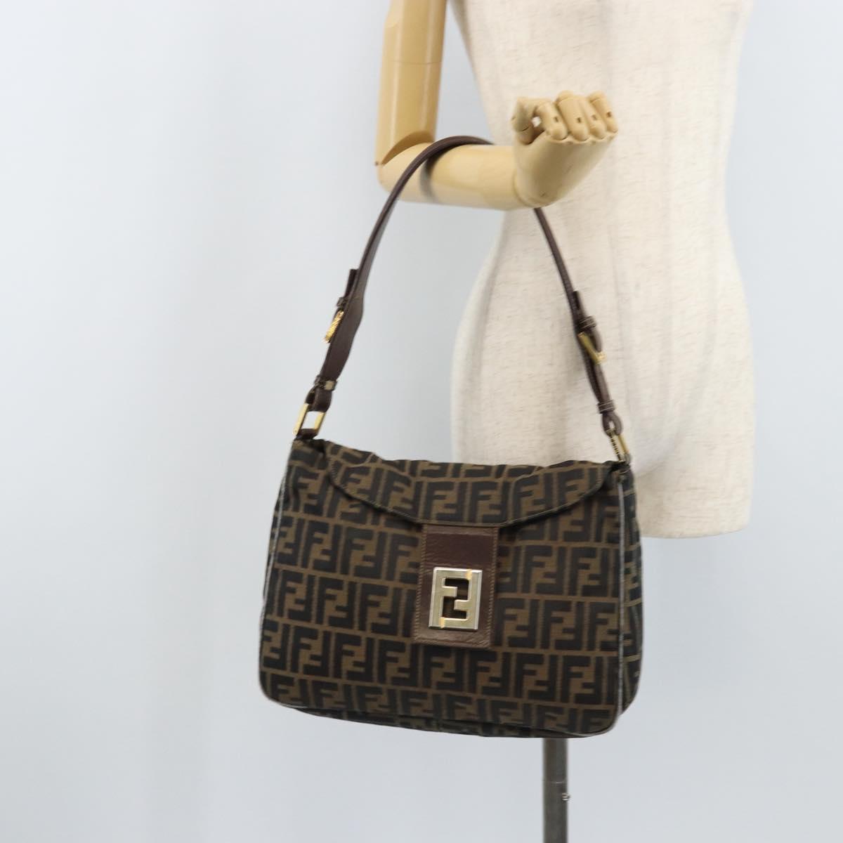 FENDI Zucca Canvas Shoulder Bag Black Brown Auth BAZ074