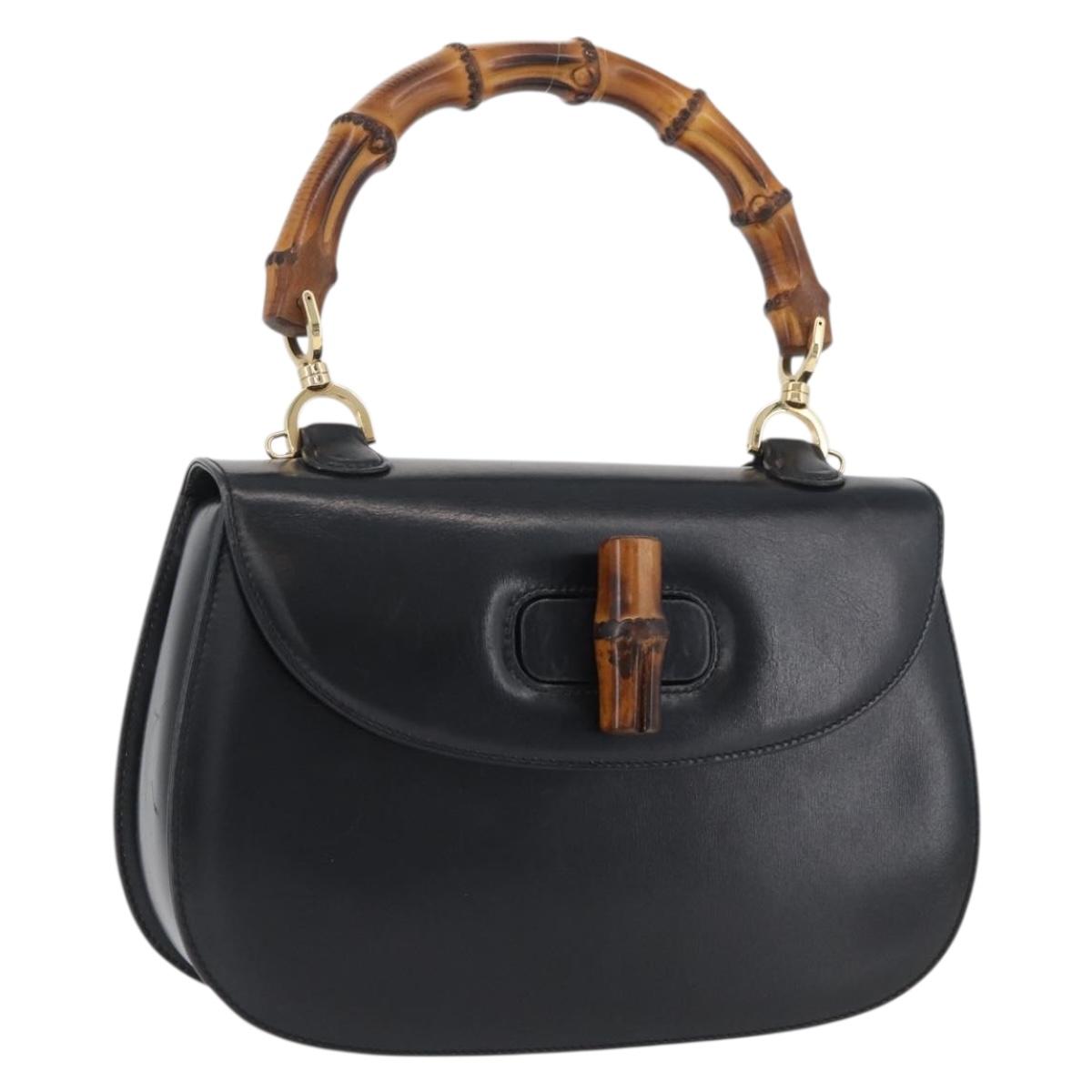 GUCCI Bamboo Hand Bag Leather Black Gold 000 1781 0633 Auth BAZ077A