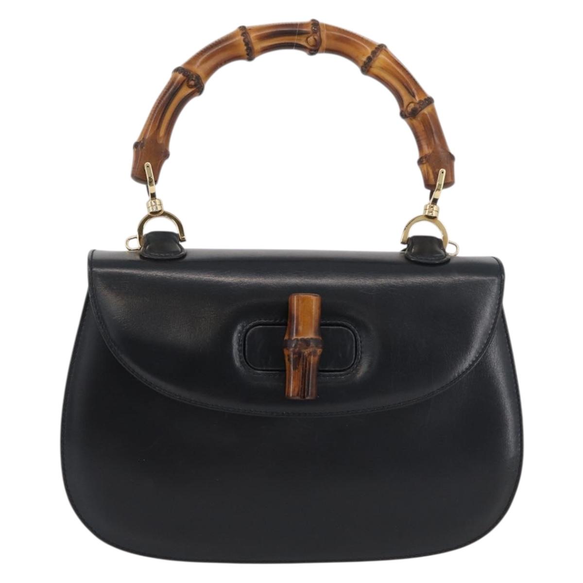 GUCCI Bamboo Hand Bag Leather Black Gold 000 1781 0633 Auth BAZ077A