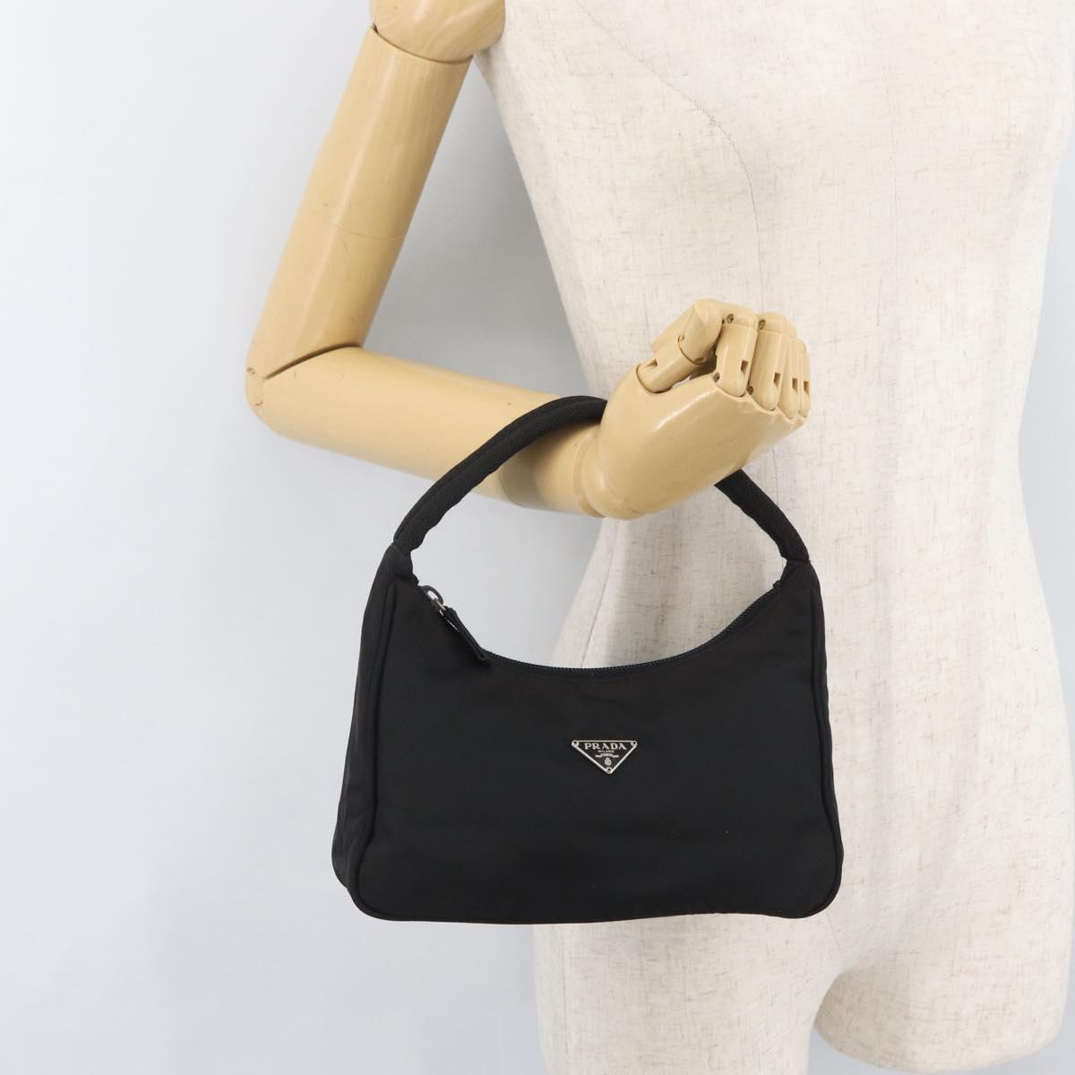 PRADA Hand Pouch Nylon Black Silver Auth BAZ078A