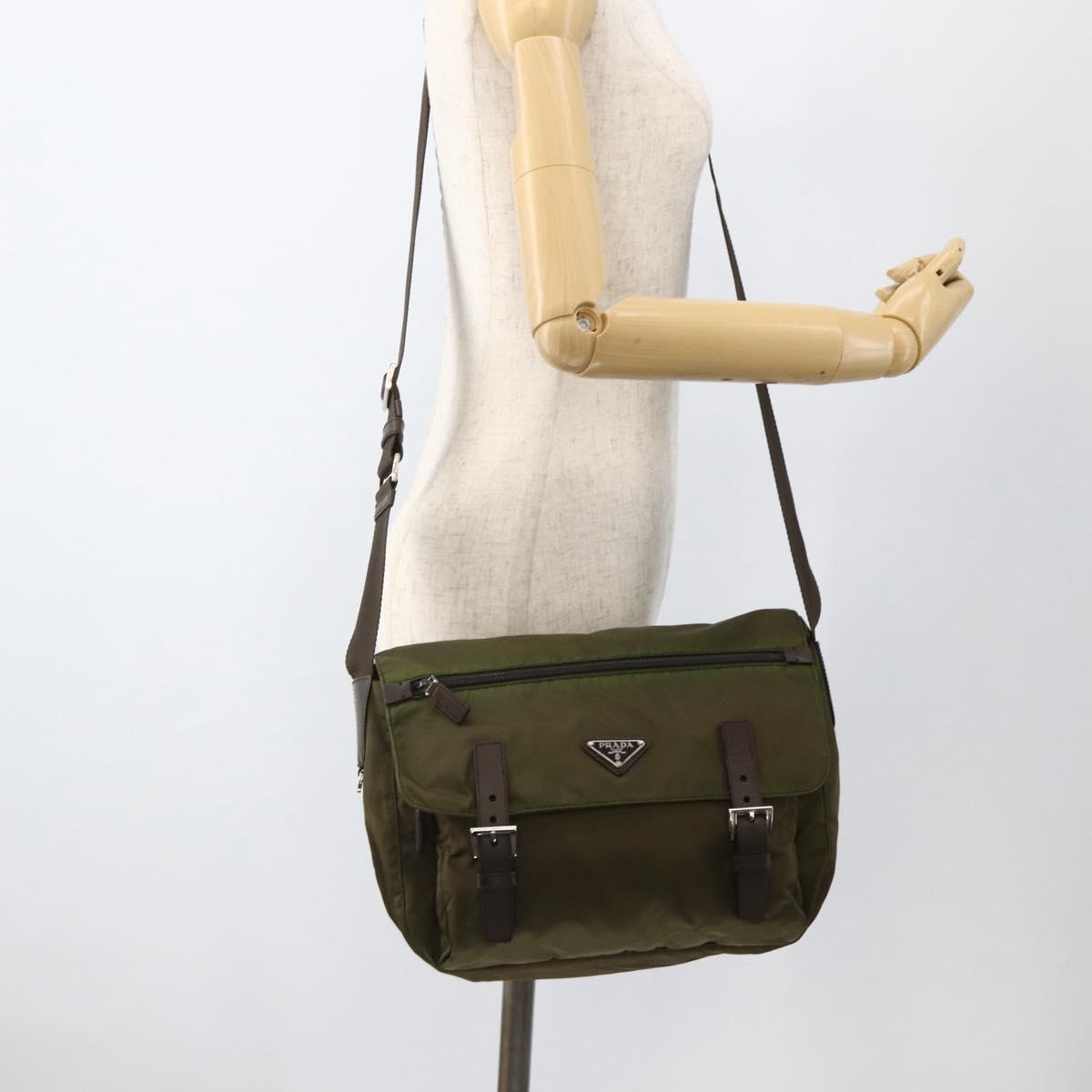 PRADA Shoulder Bag Nylon Khaki Silver Auth BAZ105A