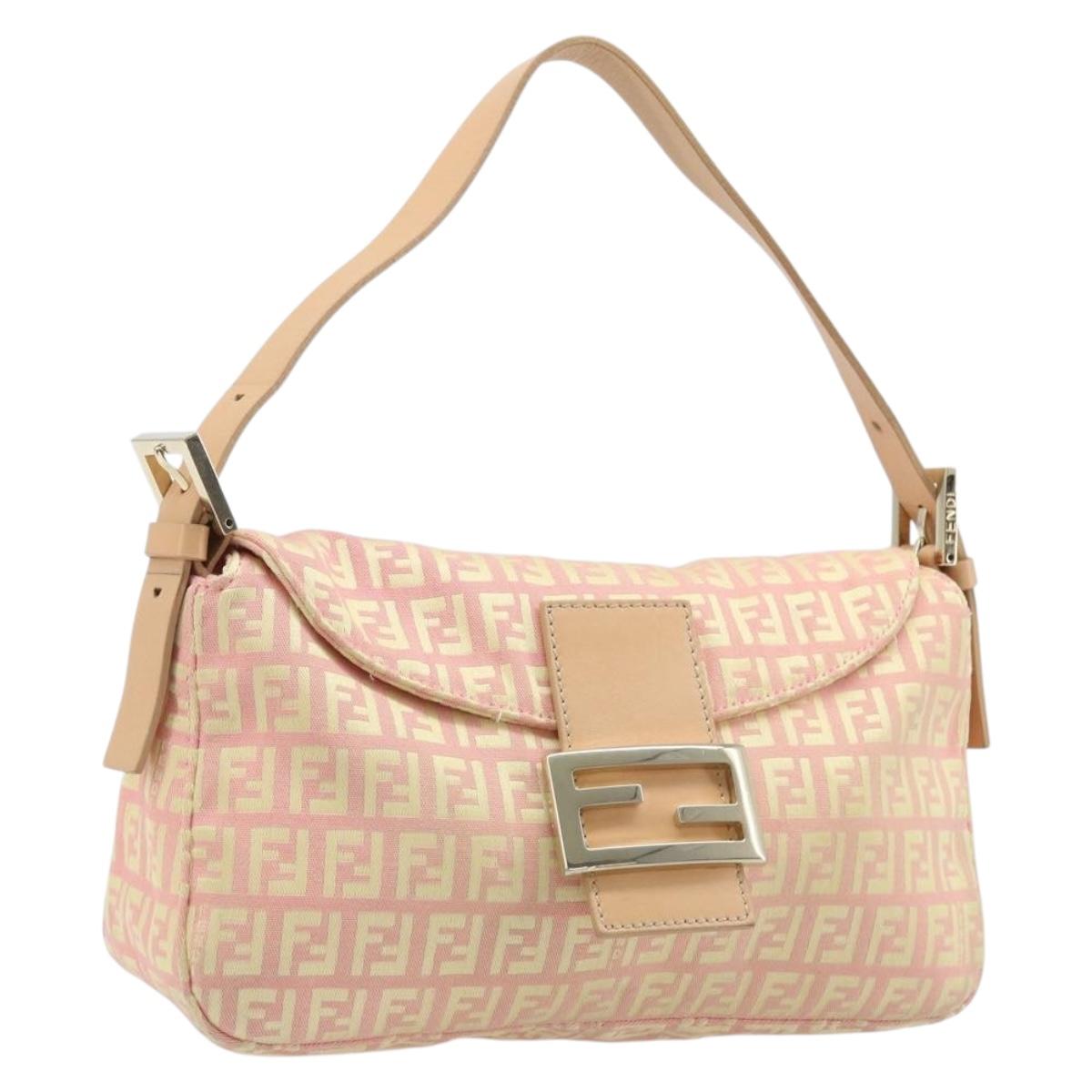 FENDI Zucchino Canvas Mamma Baguette Hand Bag Pink Gold Auth BAZ114SAV