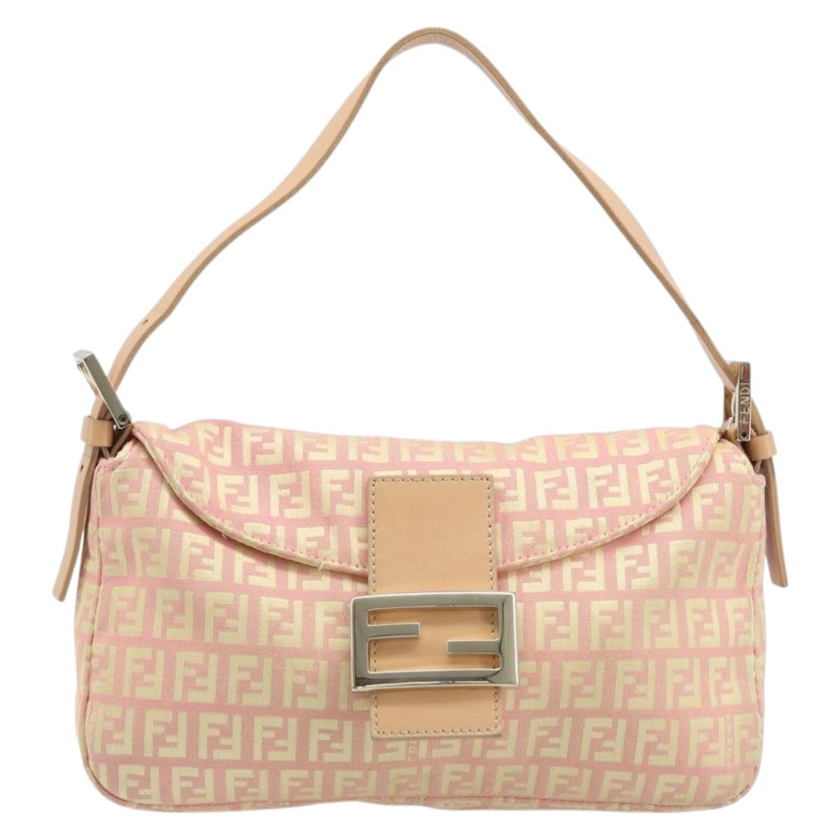 FENDI Zucchino Canvas Mamma Baguette Hand Bag Pink Gold Auth BAZ114SAV