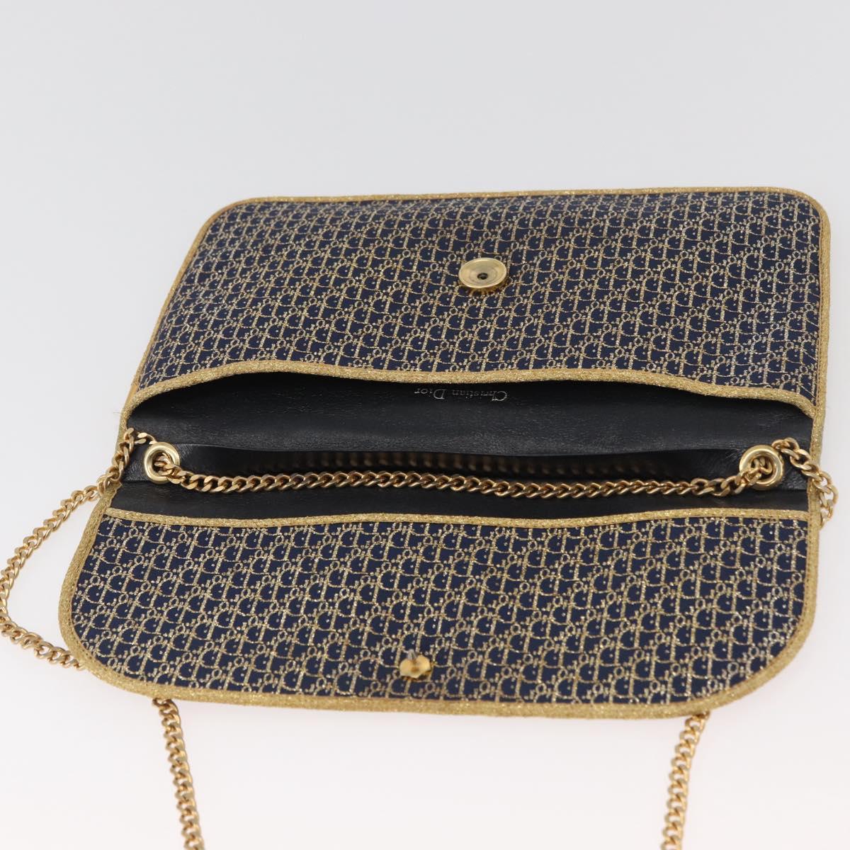 Christian Dior Trotter Canvas Chain Shoulder Bag Navy Gold Auth BAZ118A