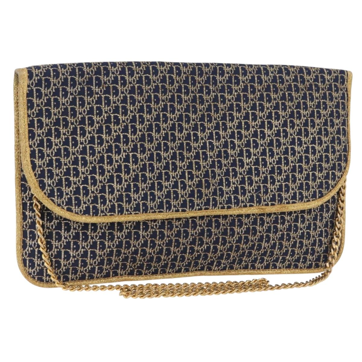 Christian Dior Trotter Canvas Chain Shoulder Bag Navy Gold Auth BAZ118A