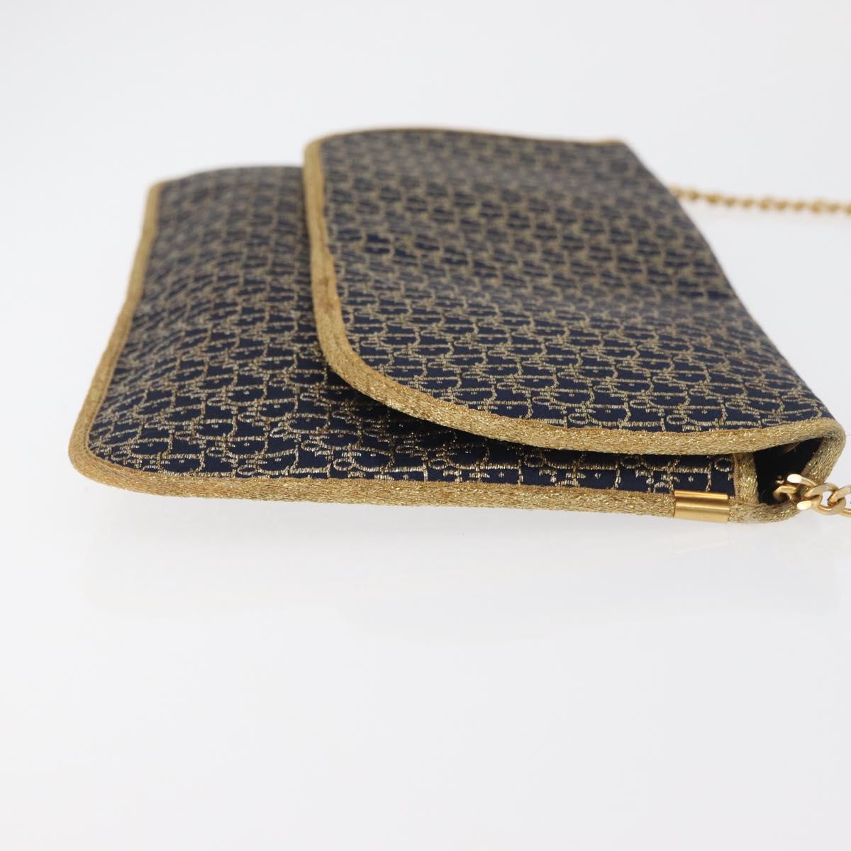 Christian Dior Trotter Canvas Chain Shoulder Bag Navy Gold Auth BAZ118A