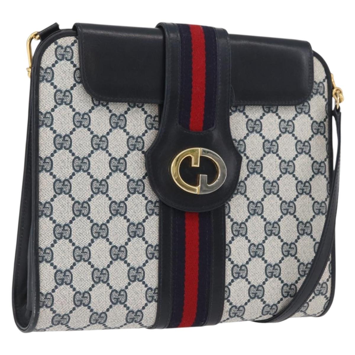 GUCCI GG Supreme Sherry Line Shoulder Bag PVC Navy Gold Auth BAZ144A