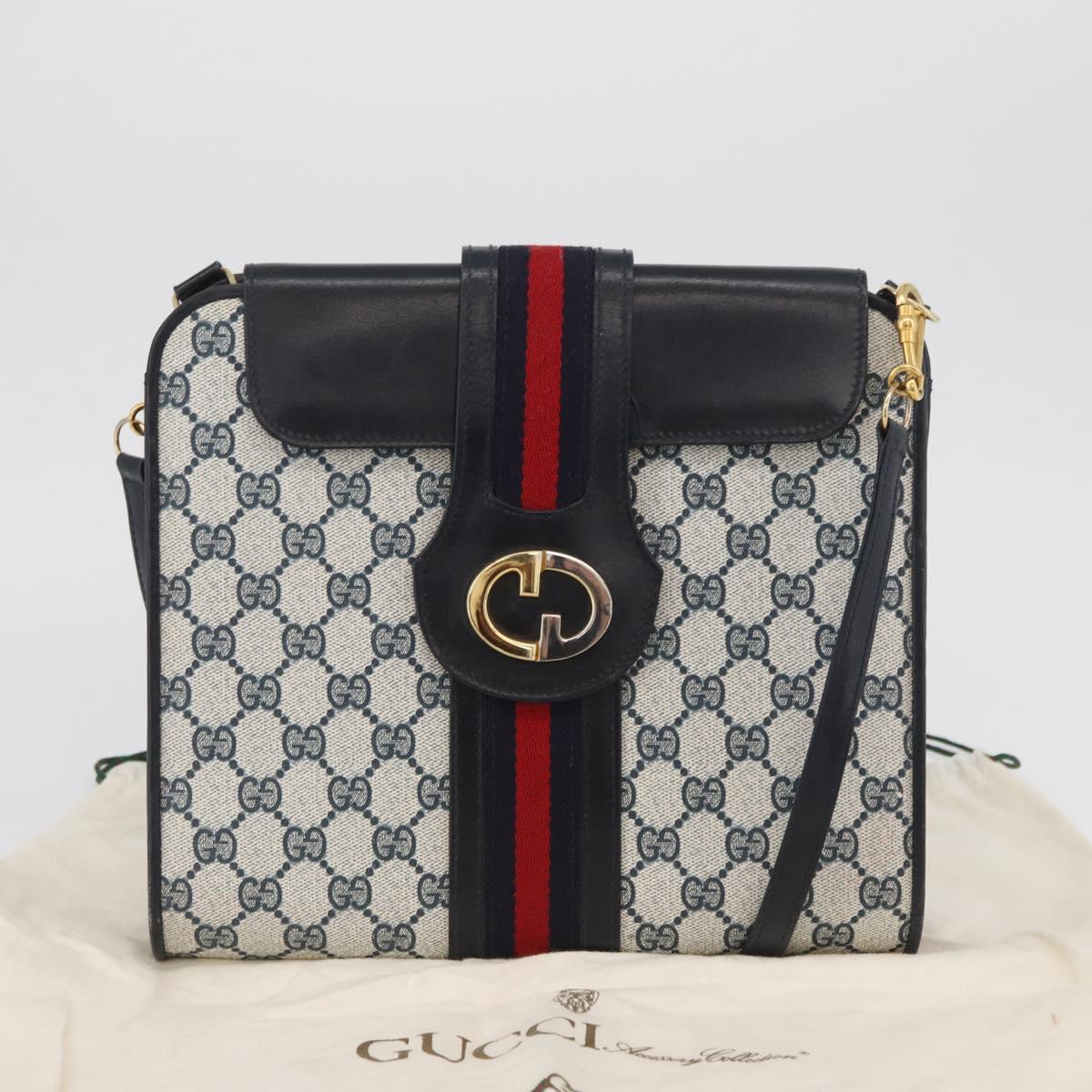 GUCCI GG Supreme Sherry Line Shoulder Bag PVC Navy Gold Auth BAZ144A