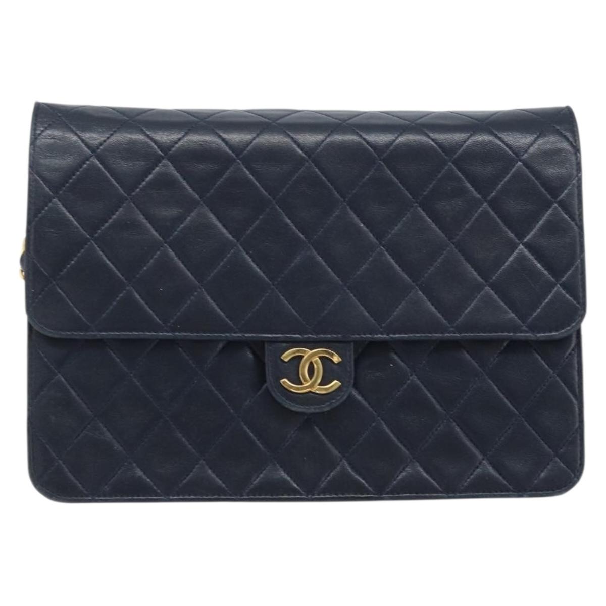 CHANEL Matelasse Chain Shoulder Bag Lamb Skin Navy Gold CC Auth BAZ147