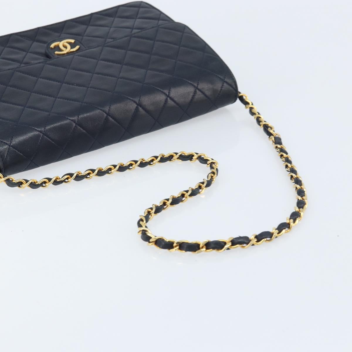 CHANEL Matelasse Chain Shoulder Bag Lamb Skin Navy Gold CC Auth BAZ147