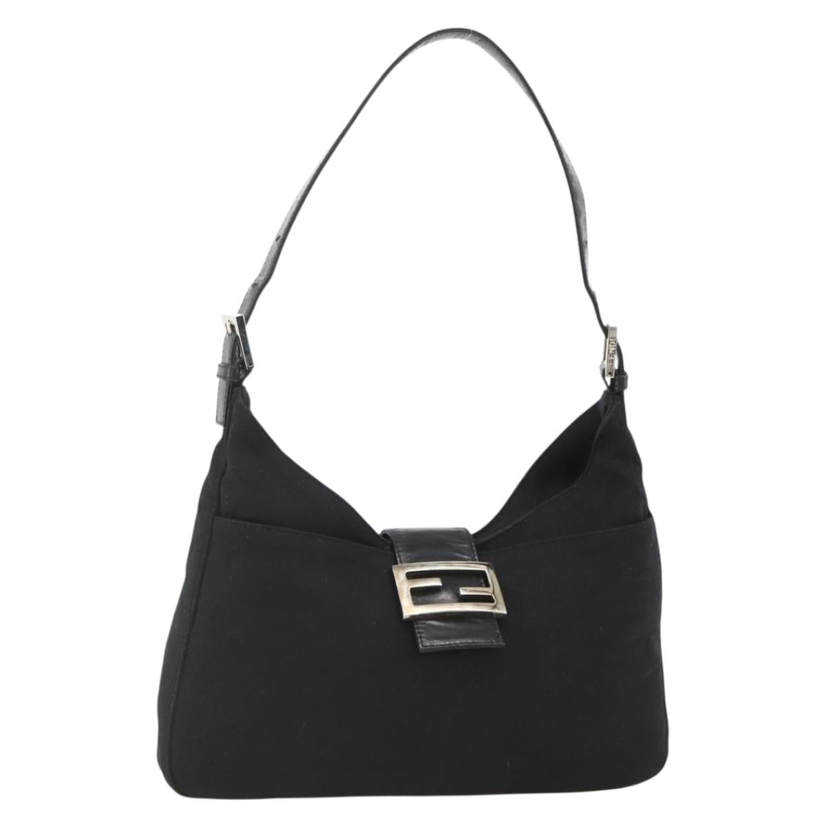 FENDI Mamma Baguette Shoulder Bag Nylon Black Silver Auth BAZ148