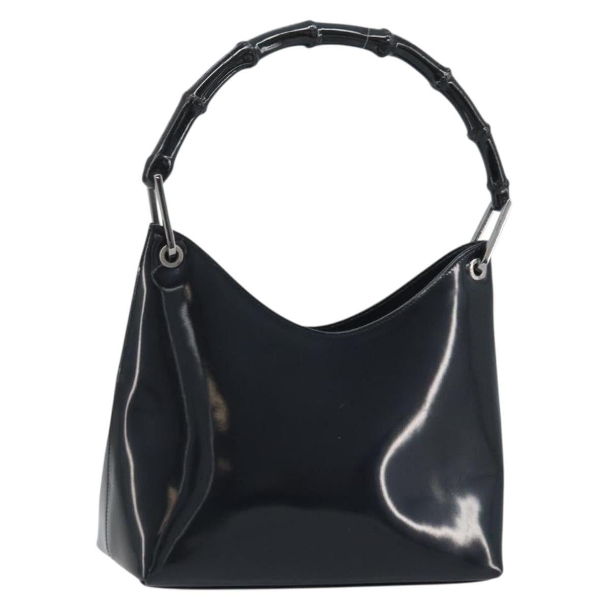 GUCCI Bamboo Hand Bag Patent leather Silver Black 001 1998 3008 Auth BAZ154