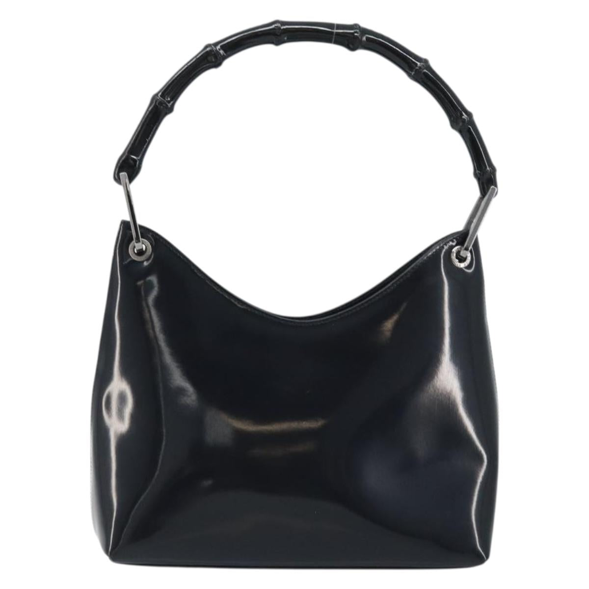 GUCCI Bamboo Hand Bag Patent leather Silver Black 001 1998 3008 Auth BAZ154
